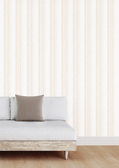 Maritime Stripe Wallpaper by Phillip Jeffries in Belay Biscuit, shown installed in a room setting