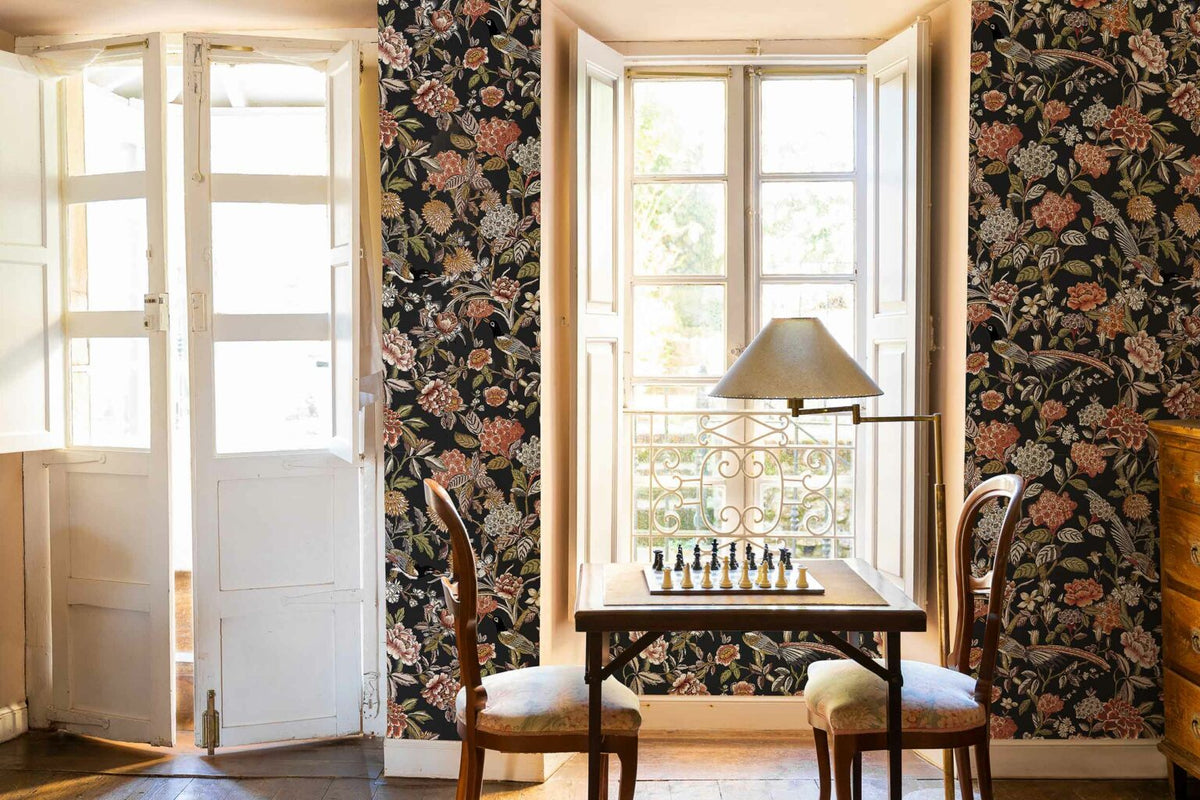 Mercedes wallpaper by Coordonné in Azabache, shown in a styled room