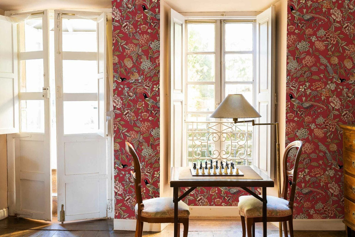 Mercedes wallpaper by Coordonné in Carmesí, shown in a styled room