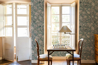 Mercedes wallpaper by Coordonné in Celadón, shown in a styled room