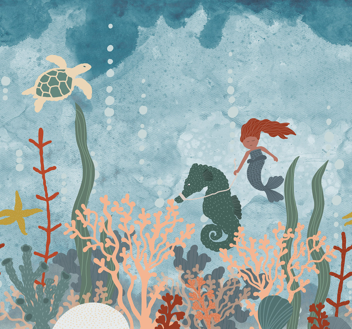 Mermaid World Blue mural by Rebel Walls