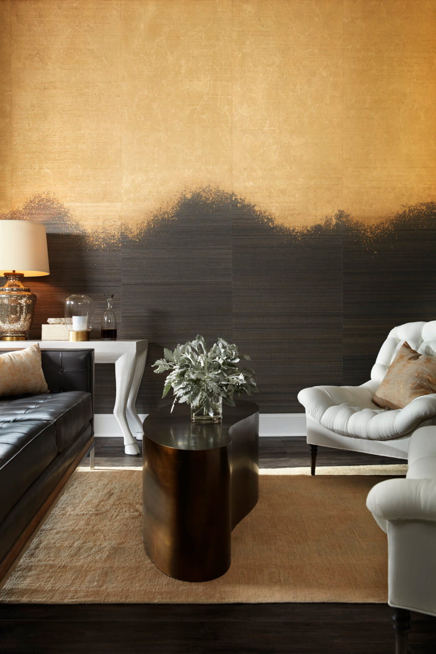 Metallic Ombre Wallpaper by Phillip Jeffries in Gold on Horsehair, shown installed in a room setting