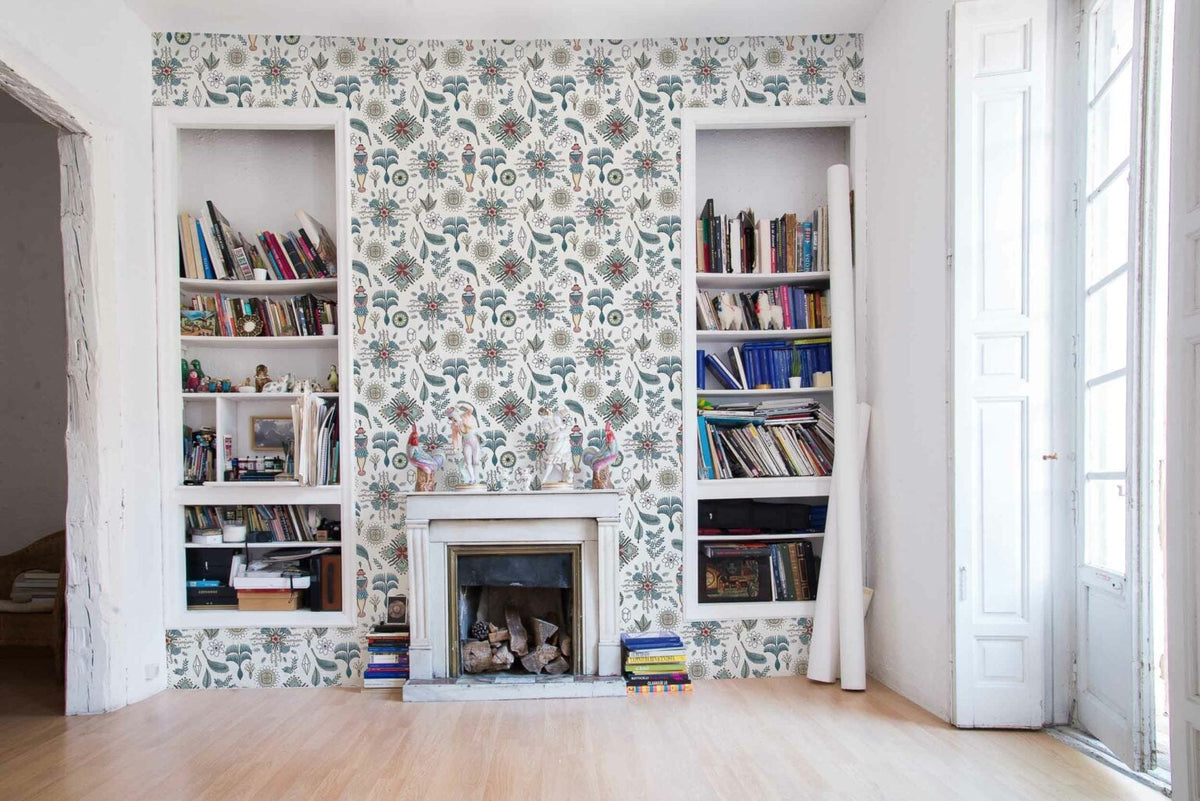 Micro Cosmos wallpaper by Coordonné in Azul, shown in a styled room
