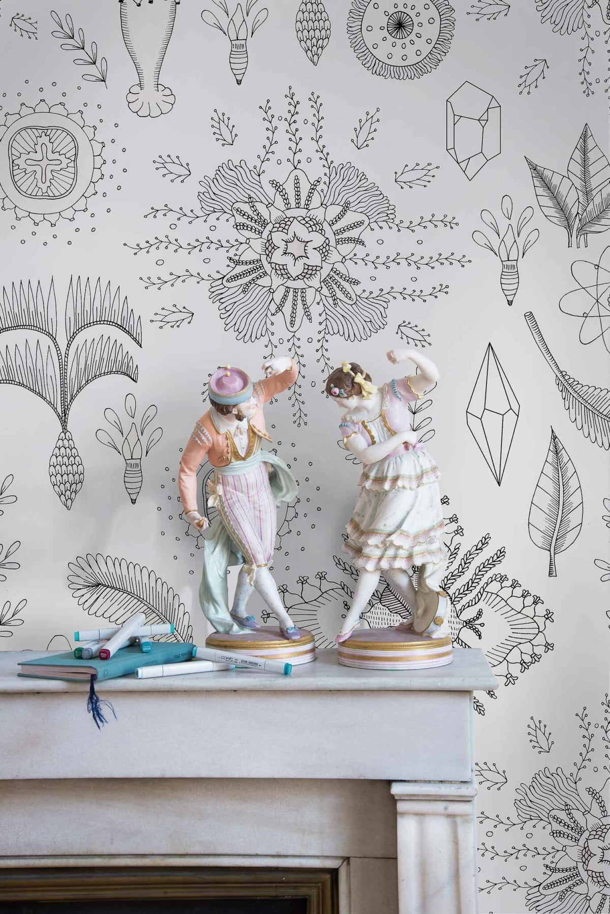 Micro Cosmos wallpaper by Coordonné in Gris, shown in a styled room