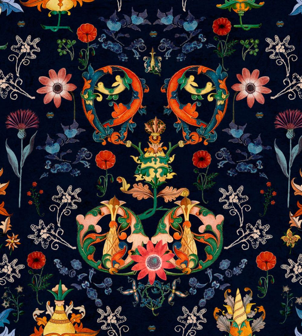 Transylvania Folk Wallpaper by MINDTHEGAP Blue, Red, Yellow