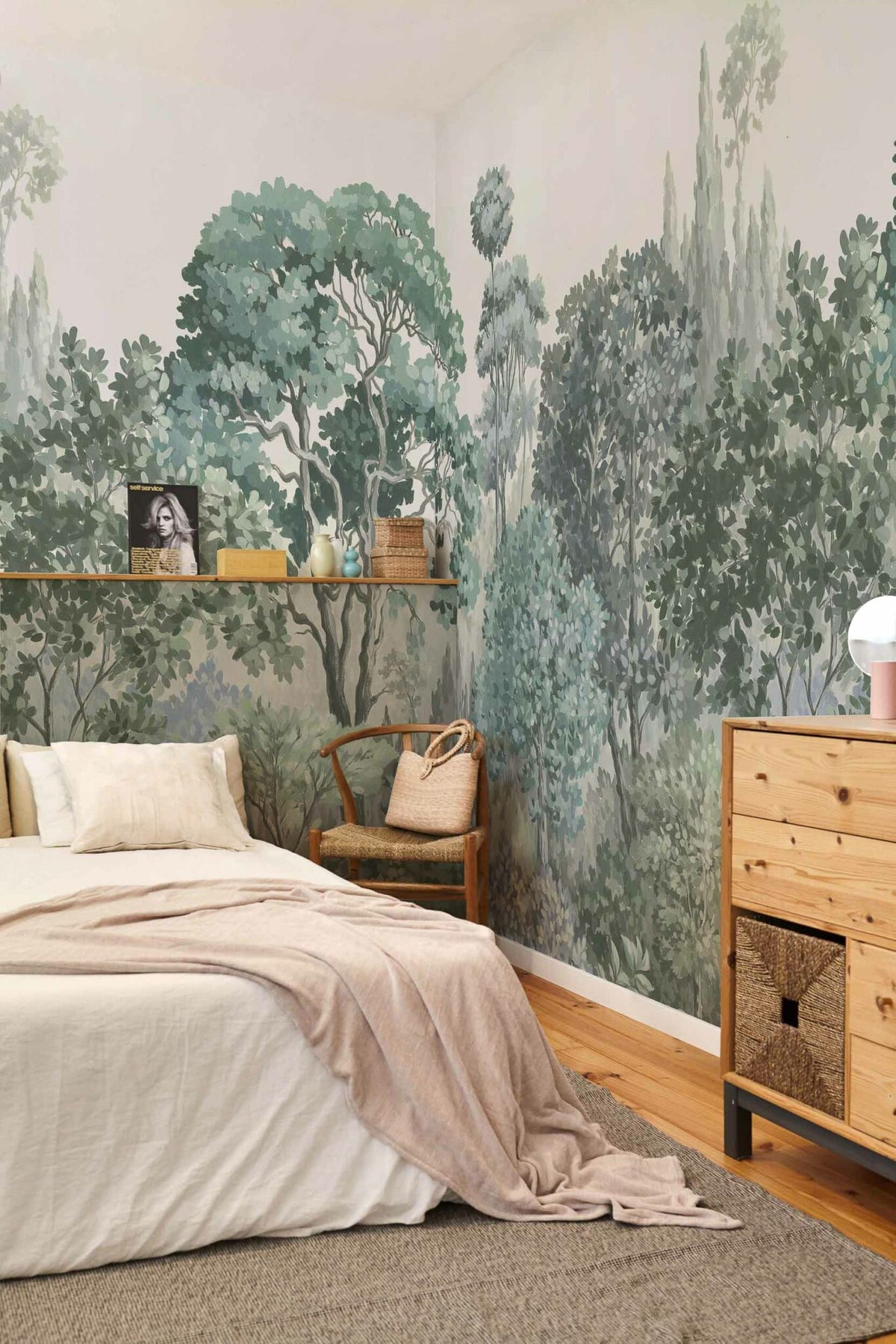 Minerva mural by Coordonné in Swan, shown in a styled room