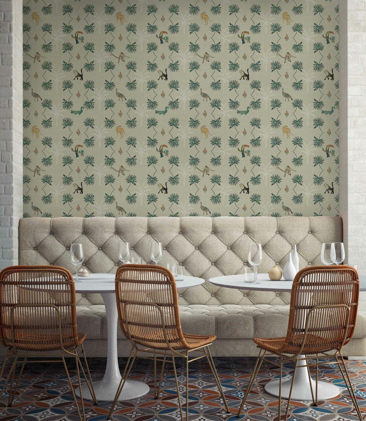 Monteverde wallpaper by Coordonné in Safari, shown in a styled room
