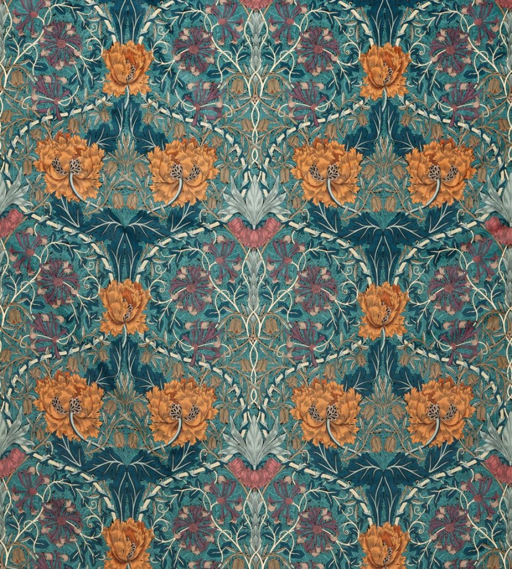 Honeysuckle and Tulip Velvet Fabric by Morris & Co Woad/Mulberry
