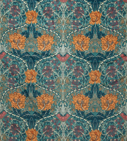 Honeysuckle and Tulip Velvet Fabric by Morris & Co Woad/Mulberry