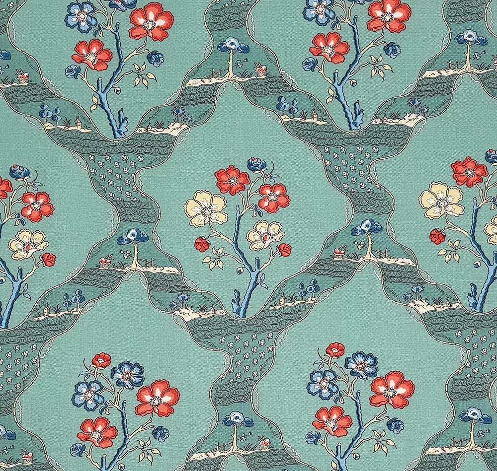Myrtil Toile Turquoise fabric by Charles Burger