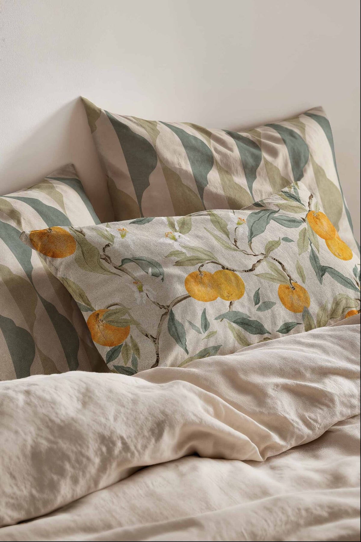 Naranjos fabric by Coordonné in Piedra, shown in a styled room