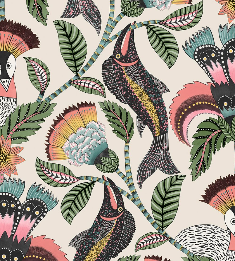 Nene Wallpaper by Cole & Son Coral Sage & Teal on Parchment