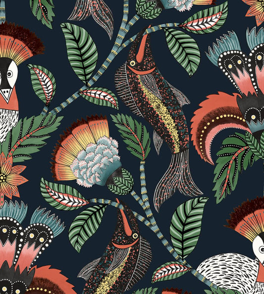 Nene Wallpaper by Cole & Son Tangerine Froest Green & Petrol on Ink