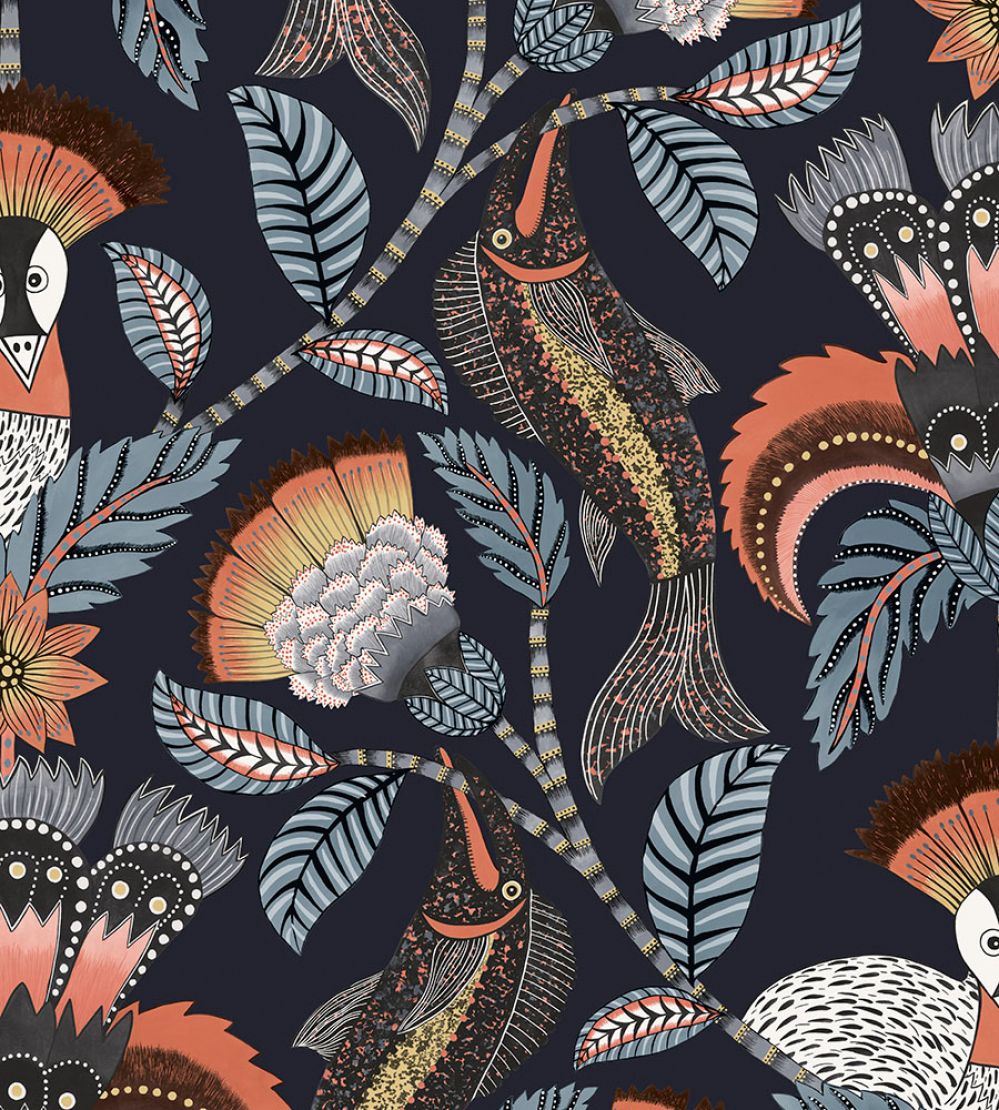 Nene Wallpaper by Cole & Son Terracotta Cerulean Blue & Heath Grey on Midnight
