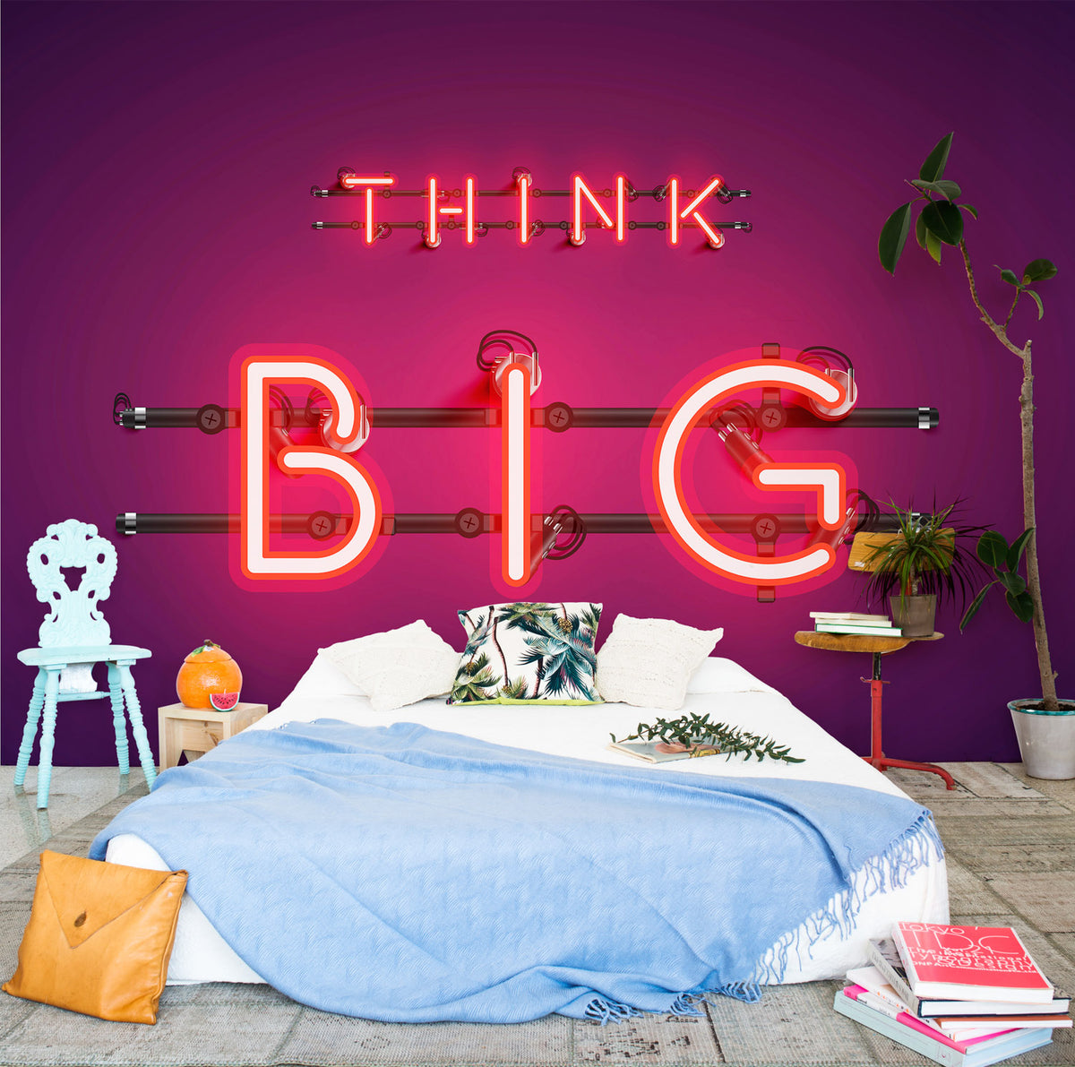 Neon mural by Coordonné in Big Red, shown in a styled room