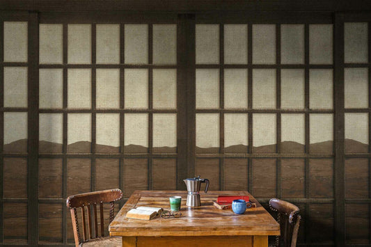 New Japanese Window mural by Coordonné in Sunrise, shown in a styled room