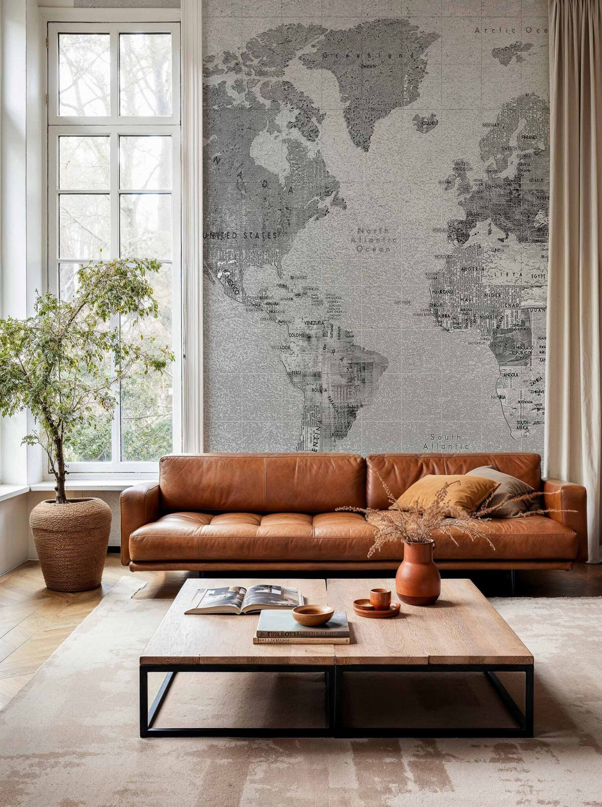Newspaper Map mural by Coordonné in Black, shown in a styled room