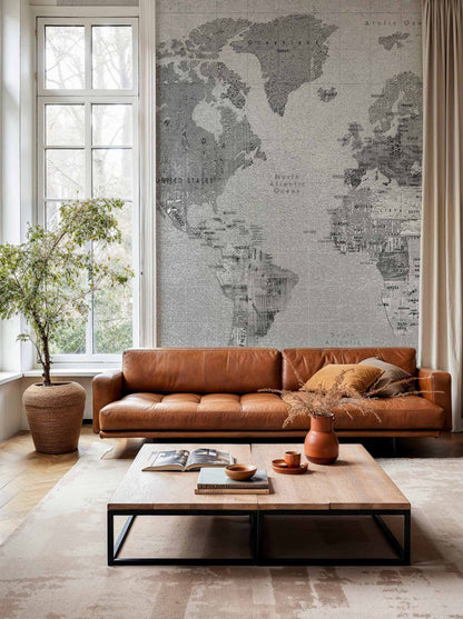 Newspaper Map mural by Coordonné in Black, shown in a styled room