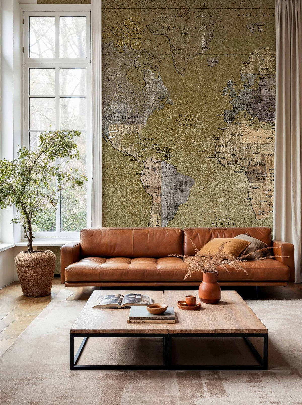 Newspaper Map mural by Coordonné in Color, shown in a styled room