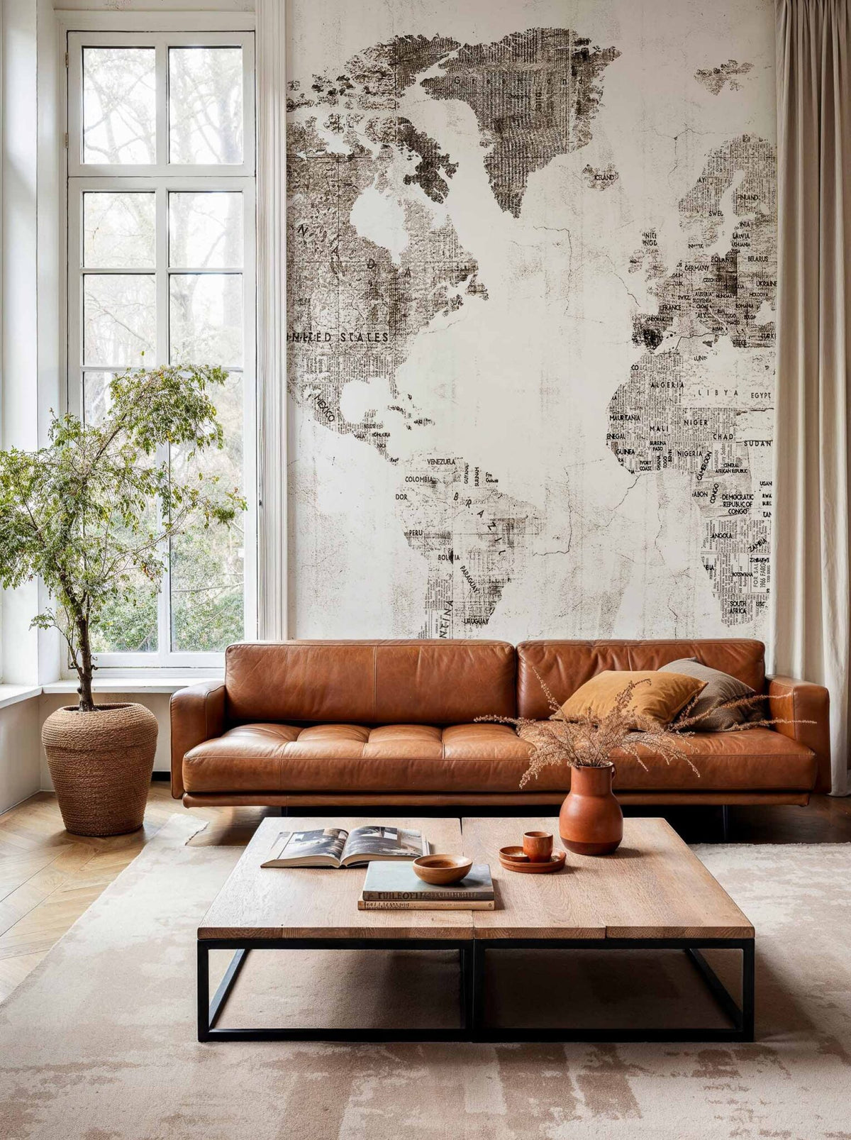 Newspaper Map mural by Coordonné in Sepia, shown in a styled room