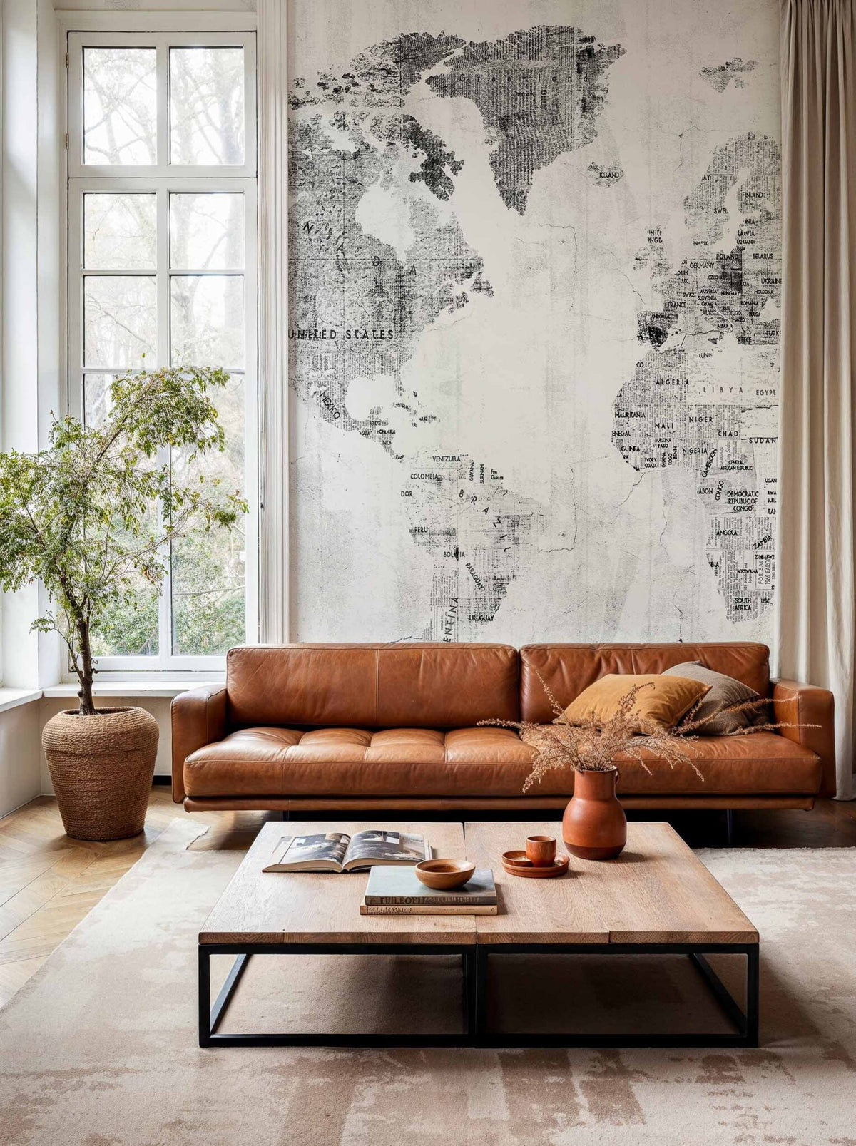 Newspaper Map mural by Coordonné in White, shown in a styled room