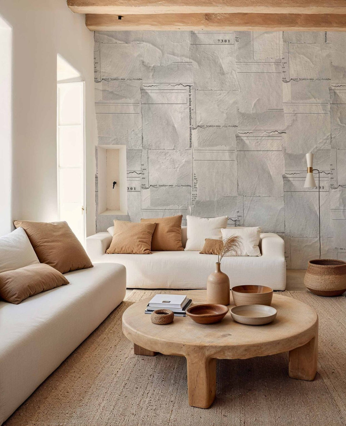 Newspaper Pieces mural by Coordonné in Grey, shown in a styled room