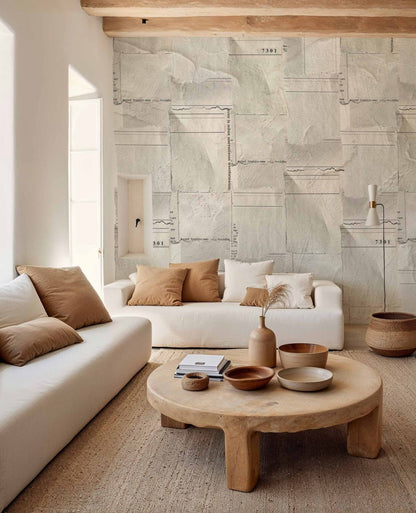 Newspaper Pieces mural by Coordonné in Sepia, shown in a styled room