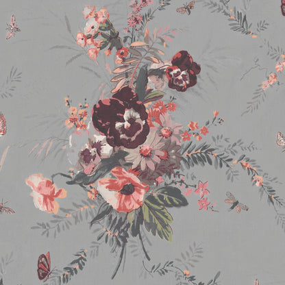 Violas and Butterflies Grey Wallpaper