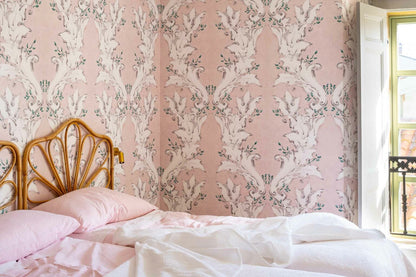 Ornamental wallpaper by Coordonné in Nude, shown in a styled room