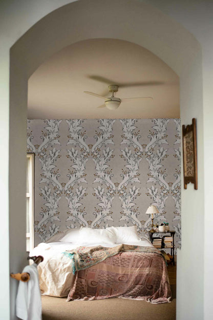 Ornamental wallpaper by Coordonné in Plata, shown in a styled room
