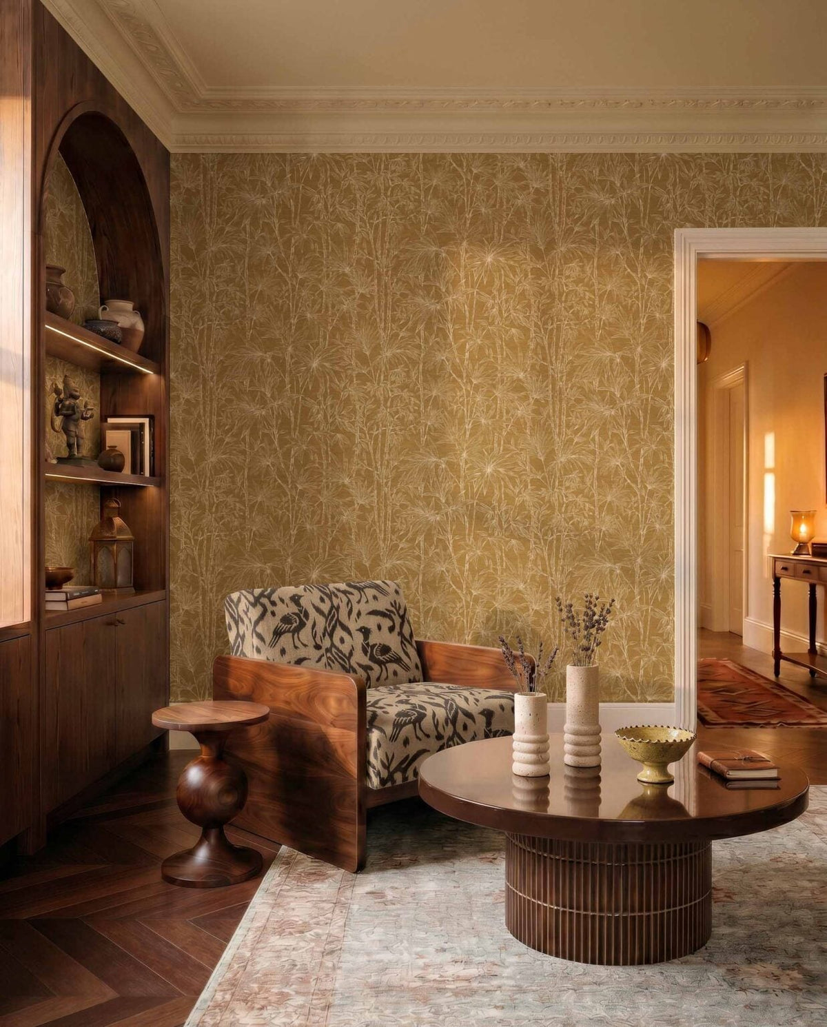 Oshadhi wallpaper by Coordonné in Curry, shown in a styled room