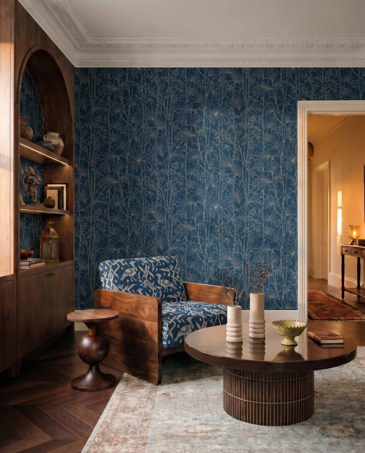 Oshadhi wallpaper by Coordonné in Indigo, shown in a styled room