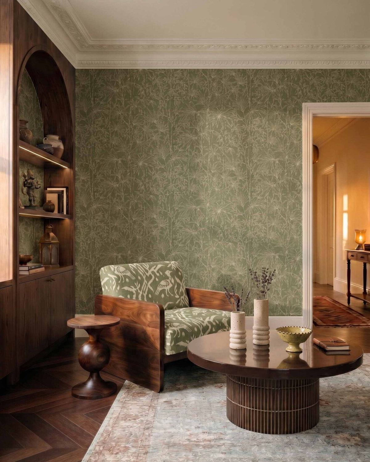 Oshadhi wallpaper by Coordonné in Moss, shown in a styled room