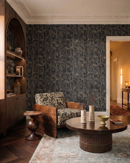 Oshadhi wallpaper by Coordonné in Onyx, shown in a styled room