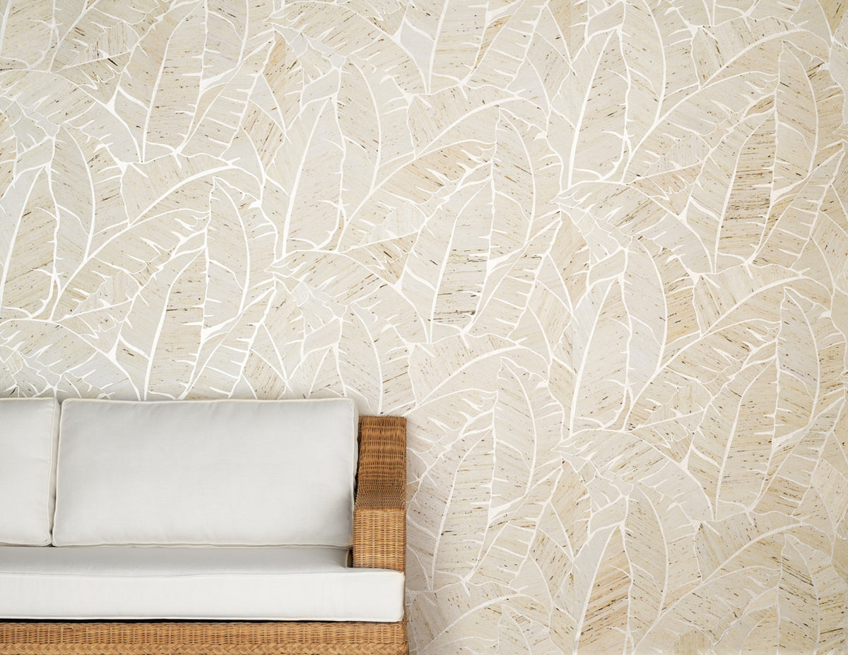 Palm Paradise Wallpaper by Phillip Jeffries in Opal Retreat, shown installed in a room setting