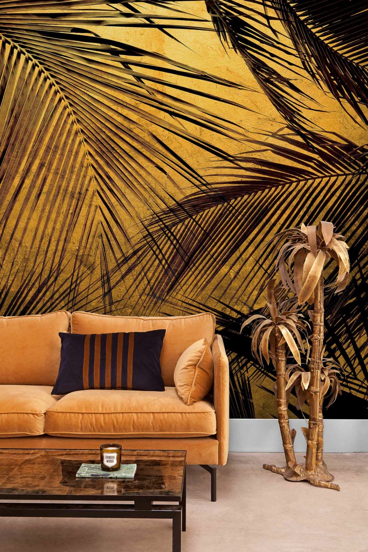 Palms mural by Coordonné in Gold, shown in a styled room