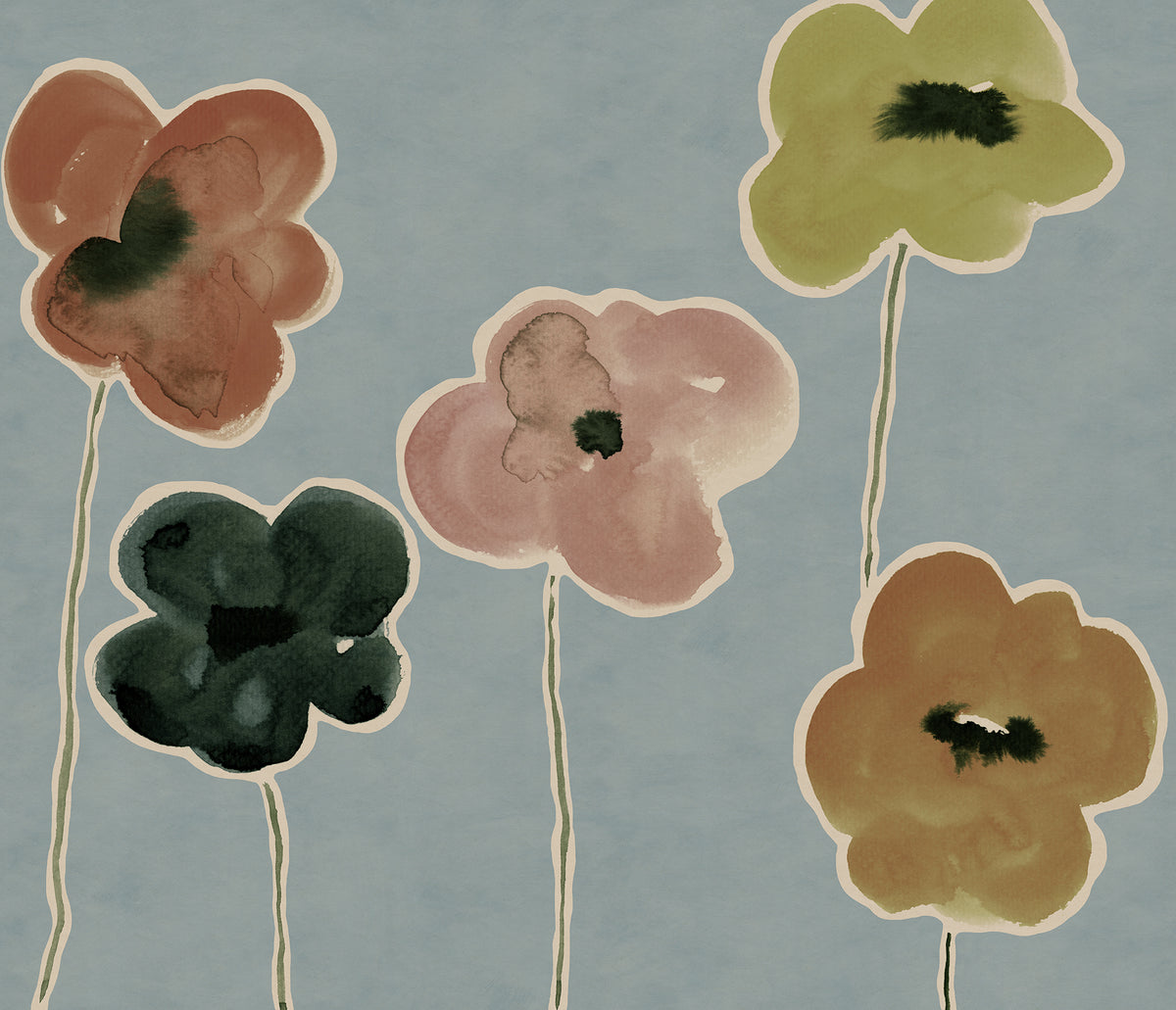 Paper Poppies Blue mural by Rebel Walls