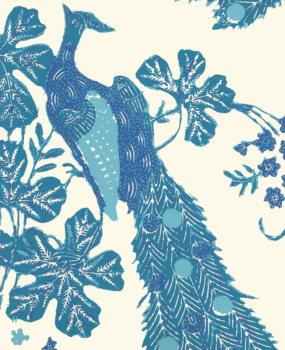 Peacock Batik Multi Blues on Off White Paper wallpaper by China Seas