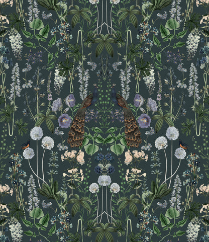 Peacock Garden Black mural by Rebel Walls