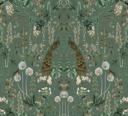 Peacock Garden Green mural by Rebel Walls