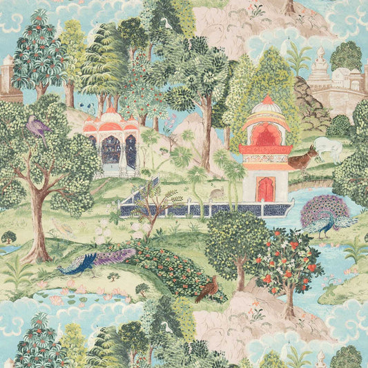 Peacock Garden Green/Coral mural by Zoffany