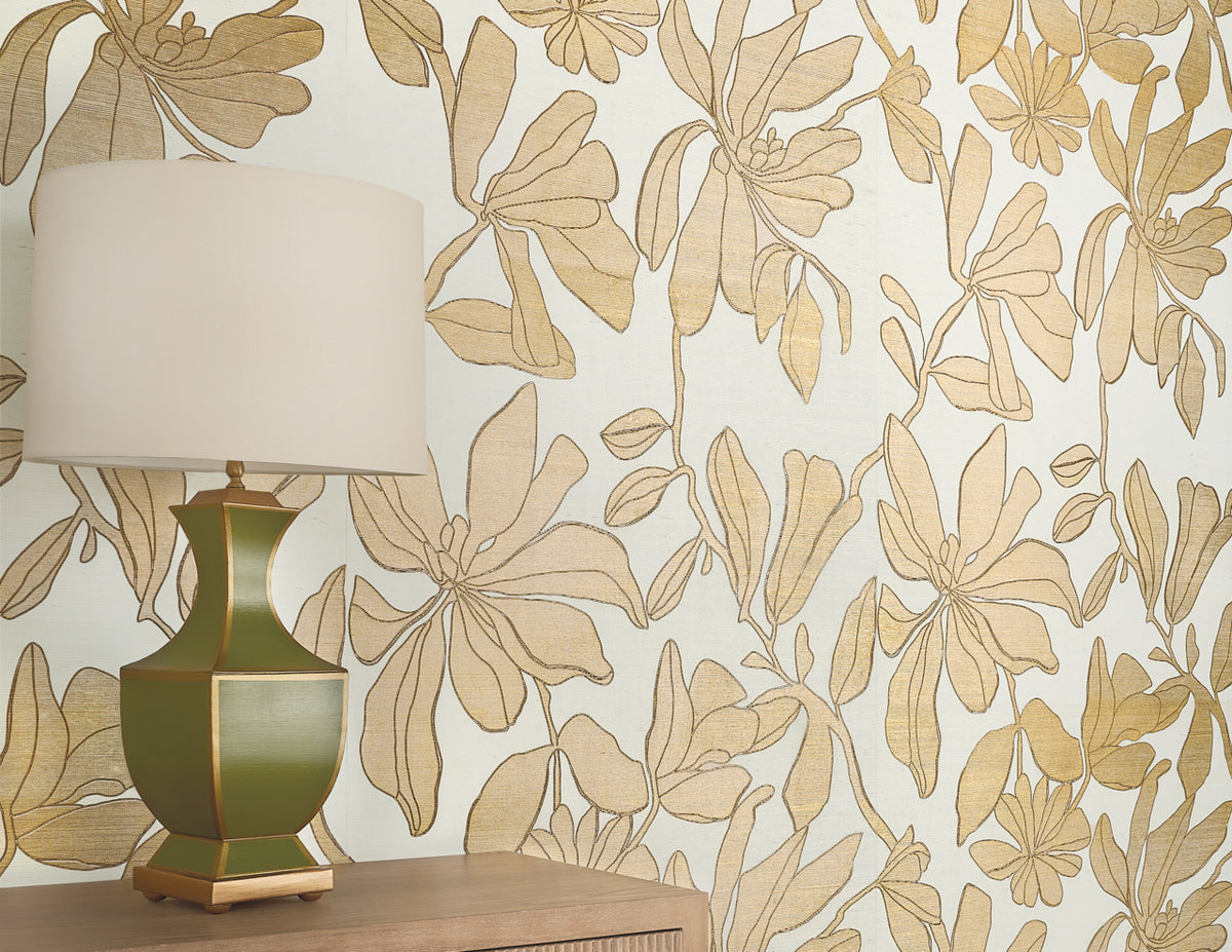Peekaboo Petals Wallpaper by Phillip Jeffries in Gilded Silhouette, shown installed in a room setting