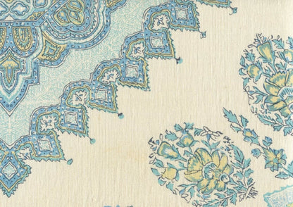 Persepolis Celeste/Blue on Cream Linen fabric by Home Couture