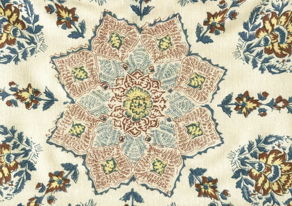 Persepolis Brown/Navy on Cream Linen fabric by Home Couture