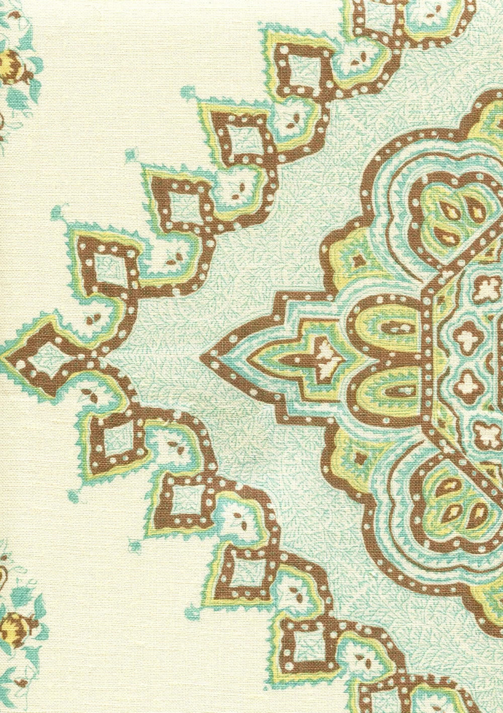 Persepolis Turquoise Tobacco on Cream Linen fabric by Home Couture