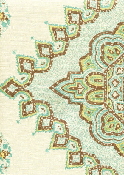 Persepolis Turquoise Tobacco on Cream Linen fabric by Home Couture