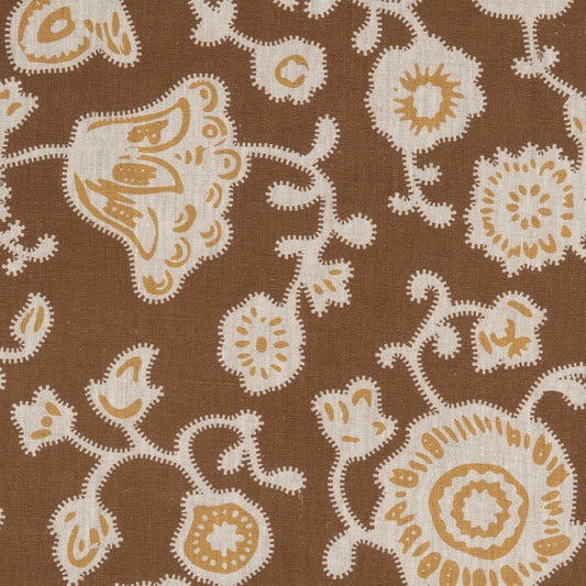 Persian Poppy Printed Linen Fabric by Volga Linen in Bronze/Natural