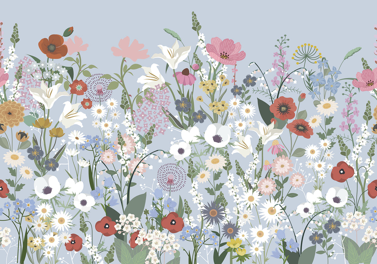 Playful Meadow Blue mural by Rebel Walls