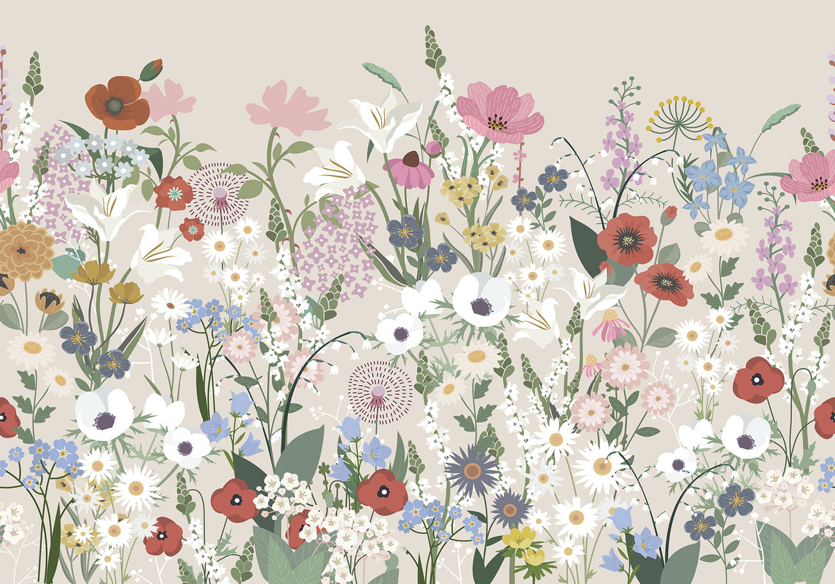 Playful Meadow Beige mural by Rebel Walls