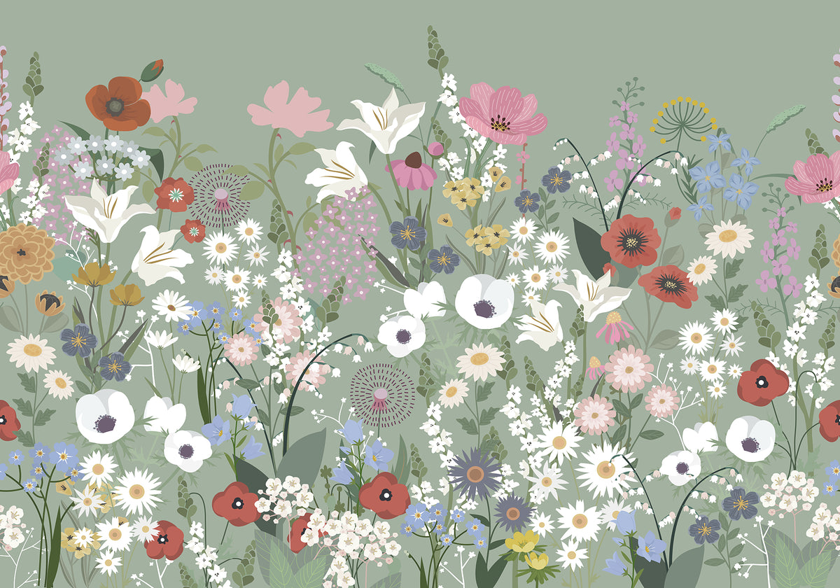 Playful Meadow Green mural by Rebel Walls